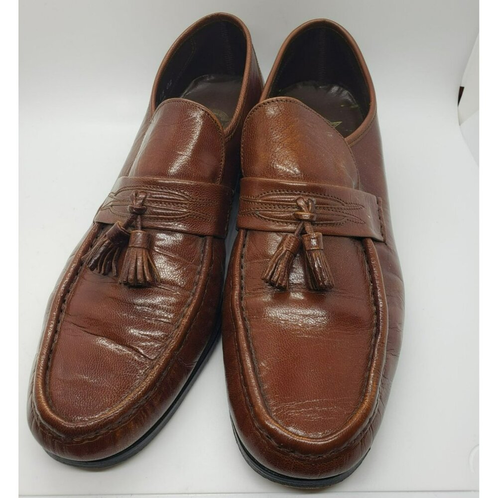 Vintage Florsheim Nevada Slip-On Dress Shoes, Gold Tassel Moccasin, Mens 9.5 D